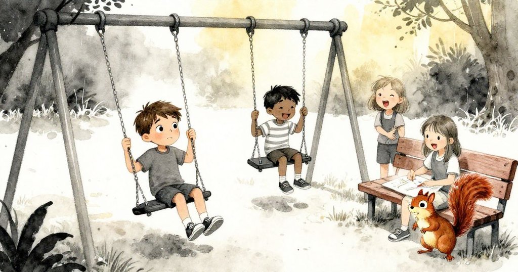 雨後晴空中，Troy悠然搖擺，Noel與Rosa愉悅欣賞成功調整的秋千，旁邊松鼠活潑點綴，充滿溫馨喜悅。