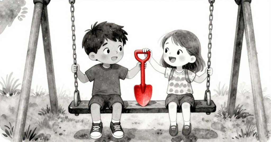 雨後光暈下，Noel和Rosa互致欣慰微笑，共享勝利時刻，鏟子象徵合作精神，畫面充滿溫柔與感激。