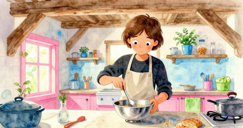 Sam在鄉村風格廚房內靜靜操作湯匙,湯碗空曠,背景充滿霓虹粉和電藍光影,氛圍安寧溫暖。