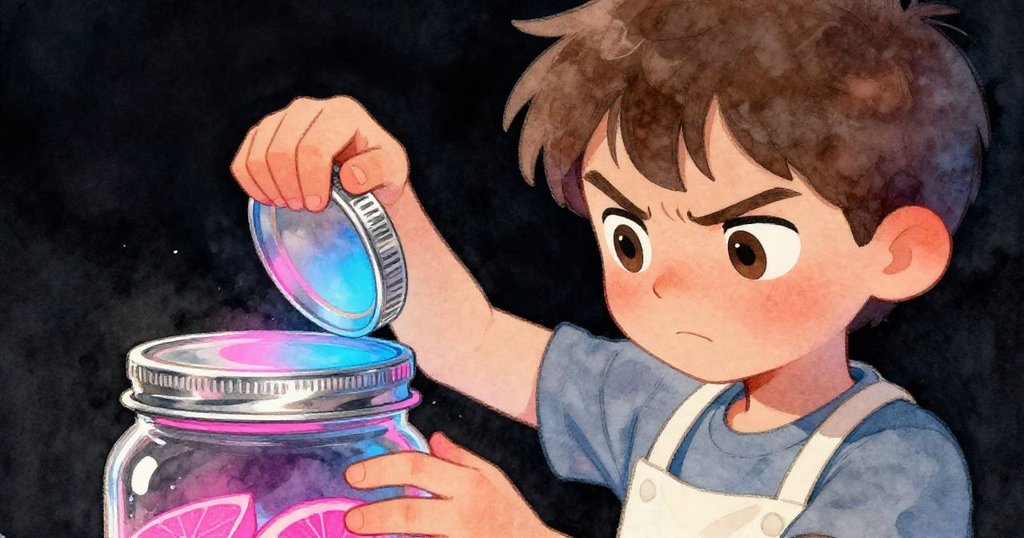 Sam專注地扭轉瓶蓋,臉上流露出決心與輕微憂慮,背景隱現家廚風格與霓虹色光影。