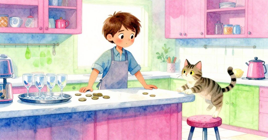 在吧檯過渡區,Sam傾斜瓶子讓硬幣滑落,盤子輕顫,條紋貓跳上高凳,場景充滿霓虹及家廚元素。