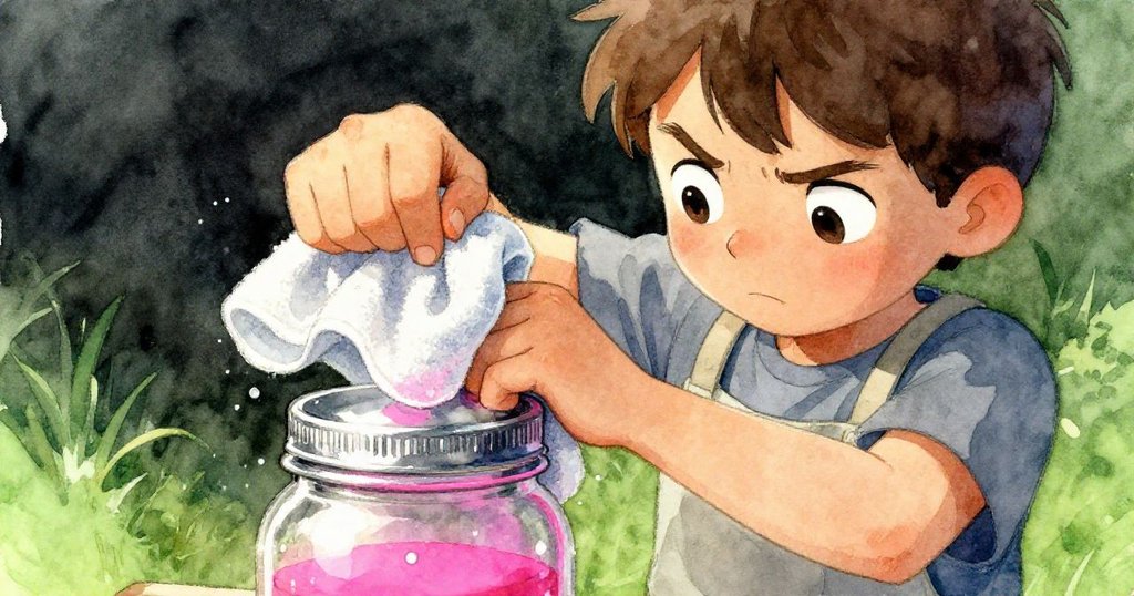 Sam面對頑固瓶蓋內心掙扎,手握濕毛巾用力扭瓶,表情糾結堅定,背景閃爍霓虹光與金屬光澤。