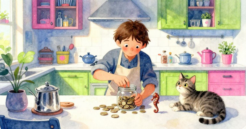 Sam在家廚中平靜落定,瓶子旁散落著硬幣和小海馬,條紋貓安然臥旁,背景充滿霓虹光與溫馨鄉村風。