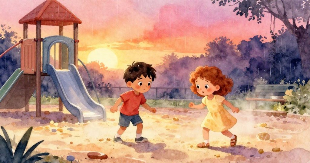 盧克在溫暖晨霧中呼喚藍色水桶,黛莉婭揮動著輕巧的桶,在遊樂場沙坑中展現活力與期待。