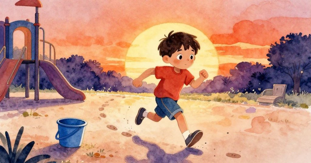 盧克奔向噴泉按鈕,濕潤腳印留在橡膠路面上,藍色水桶與動態步伐展現出活力與決心。