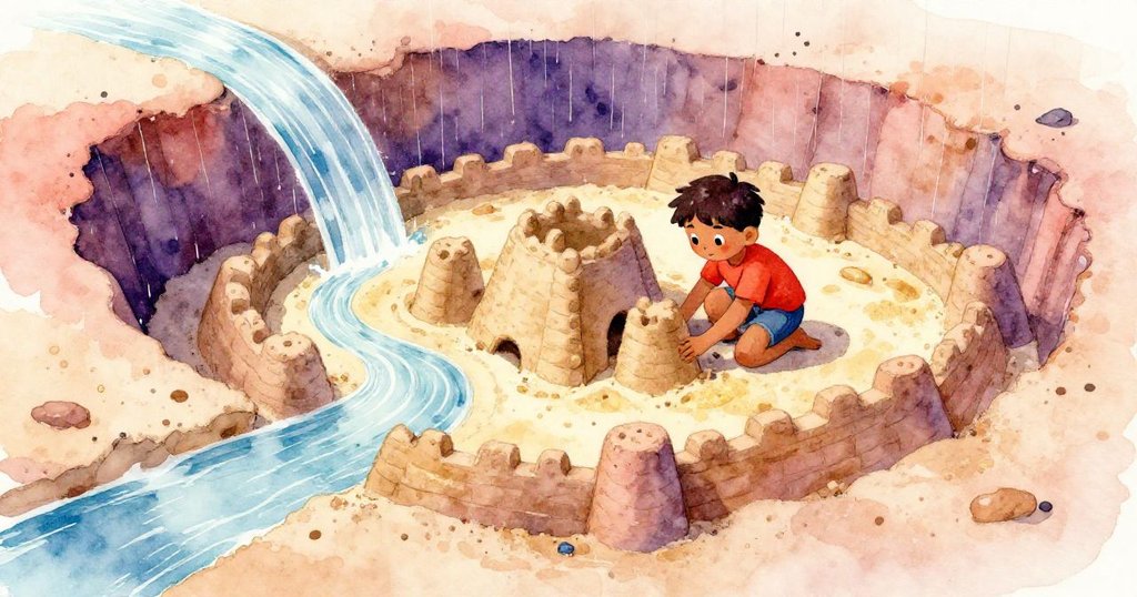 從高處俯視,盧克在沙堡旁耐心整形,涓涓細流在沙牆上刻出缺口,呈現出趣味與專注的情景。