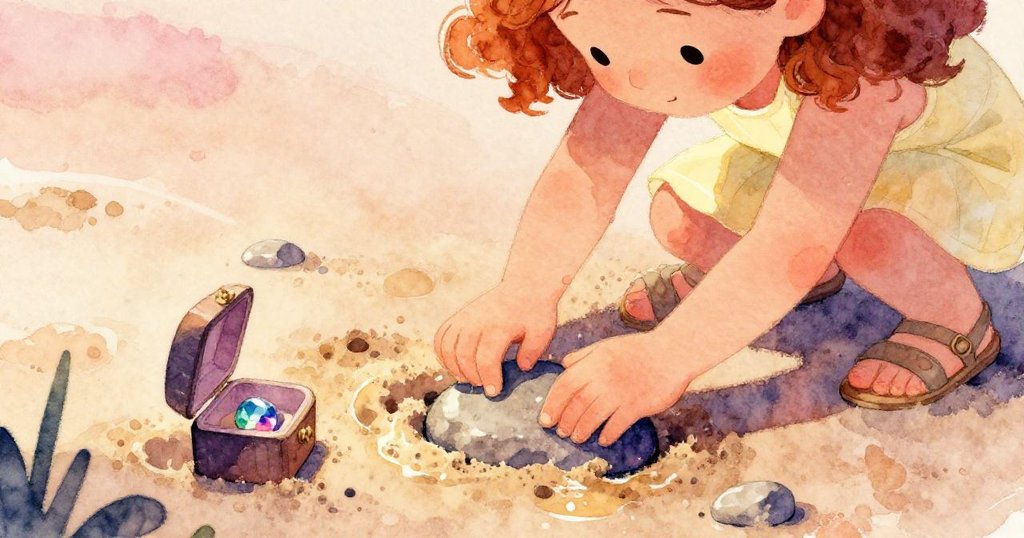 黛莉婭細心地將小寶盒固定在石頭上,手指調整沙溝,近景展現出認真與專注的瞬間。