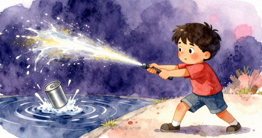 盧克全神貫注拉下噴泉按鈕,瞬間定格,旁邊錫盒在水流中旋轉,充滿緊張與戲劇性的氣氛。