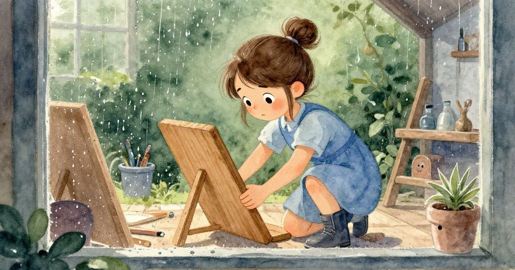 佛羅拉在窗邊對齊木板，室內工具散落，窗外晨曦映入，勾勒出工作坊角落。