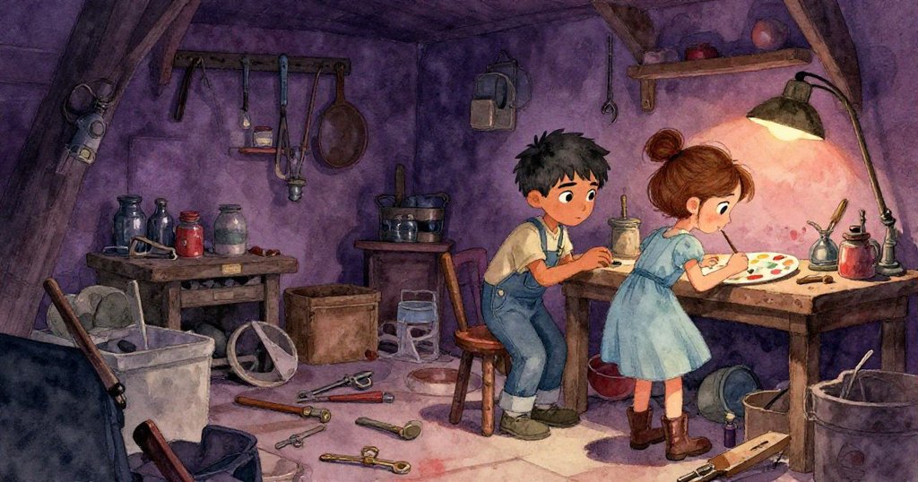 保羅與佛羅拉在新室中忙碌，鐵製工具與塵封罐中釘子散落，情境充滿歷史感。