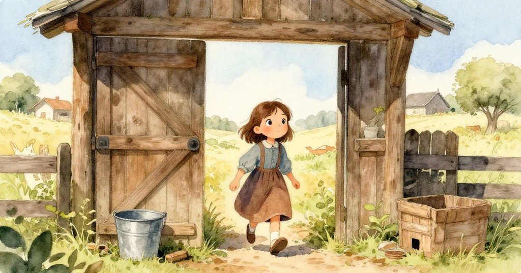 喬伊站在鄉村穩固的馬廄門口，踏入充滿穀粒聲響的院子，臉上洋溢著好奇和喜悅