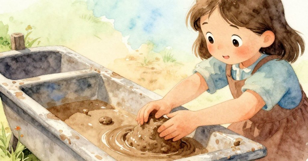 喬伊蹲下來仔細觸摸濕潤的棕色黏土，用手輕柔塑造小泥球，展現細膩與創造的心情