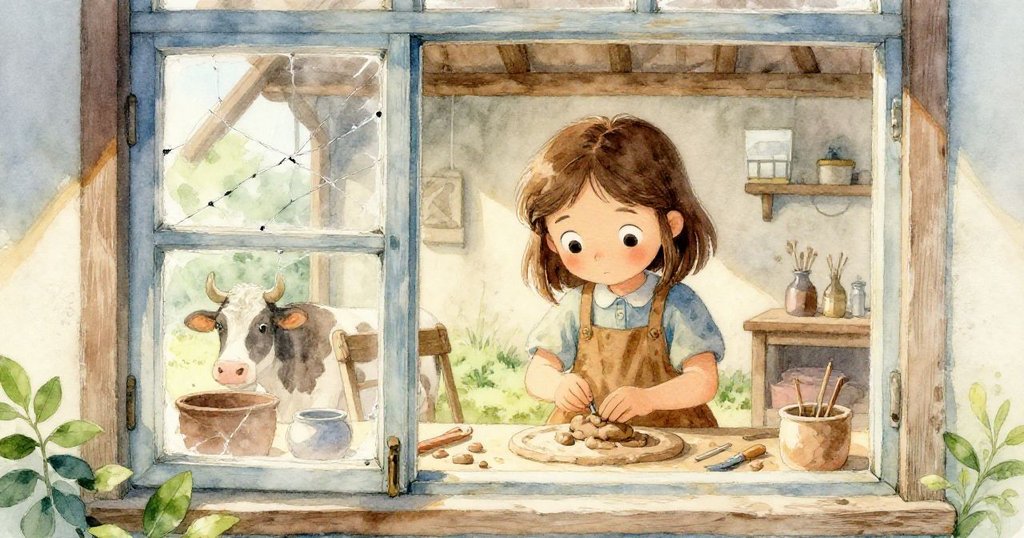 喬伊透過老舊窗戶凝視外面繁忙的農場，專注於手中泥球實驗，窗框映出溫暖光影