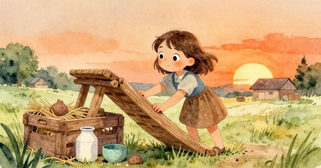 喬伊在陽光下的農場院子裡，調整著木板斜坡與倒置牛奶箱，周圍灑滿稻草與泥跡，充滿暖意與生機