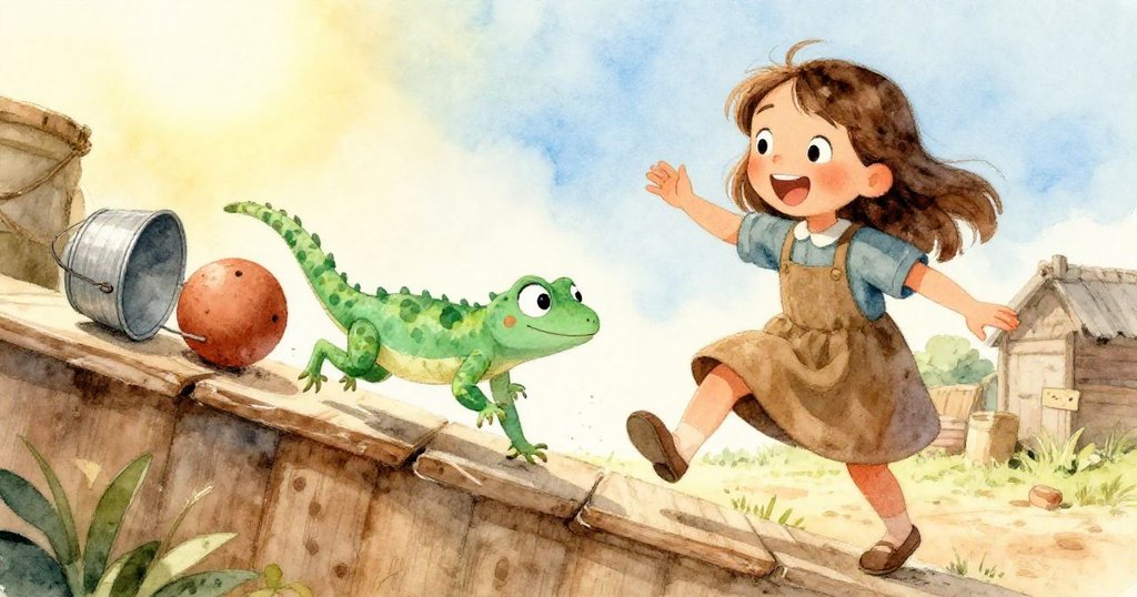 喬伊在農場斜坡上嬉戲時，突然有隻綠蜥蜴迅速穿過，意外撞擊泥球進入鐵桶，她驚喜中帶笑