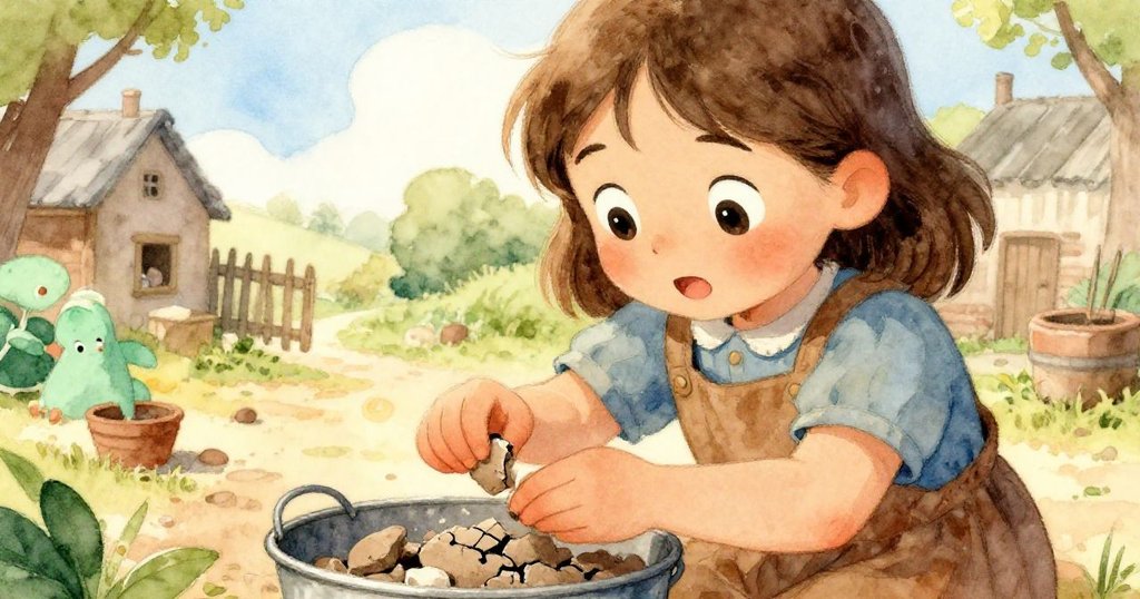 喬伊安靜地彙集破裂的泥塊，在斑駁木板上重新塑形，她的眼中流露出堅定與希望的溫柔情感