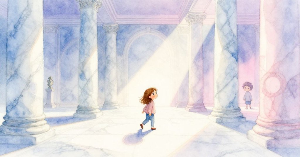 Dina走進大理石展覽大廳，清晨柔光映照地板，她充滿好奇的眼神，背景呈現寧靜氛圍與光影交錯