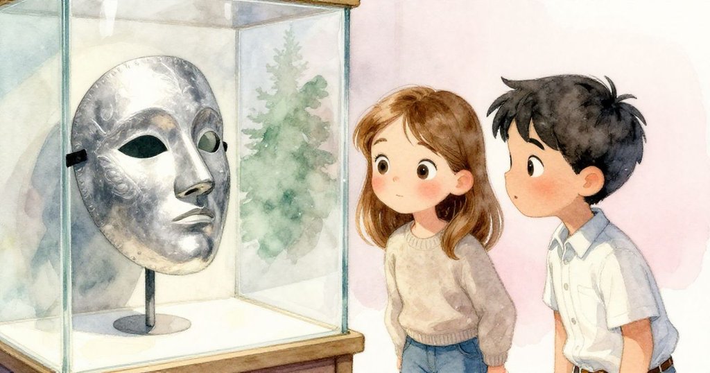 Dina與Grant凝視古老收穫儀式面具，展廳中光影交錯與空曠背景襯托出歷史感，他們神情專注