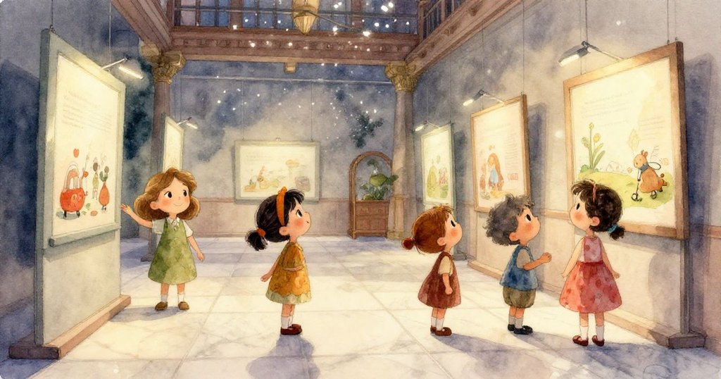 Dina以主觀視角展現手握鉛筆，專注觀察玻璃展示中的面具細節，光線從天花板反射，充滿細膩情感