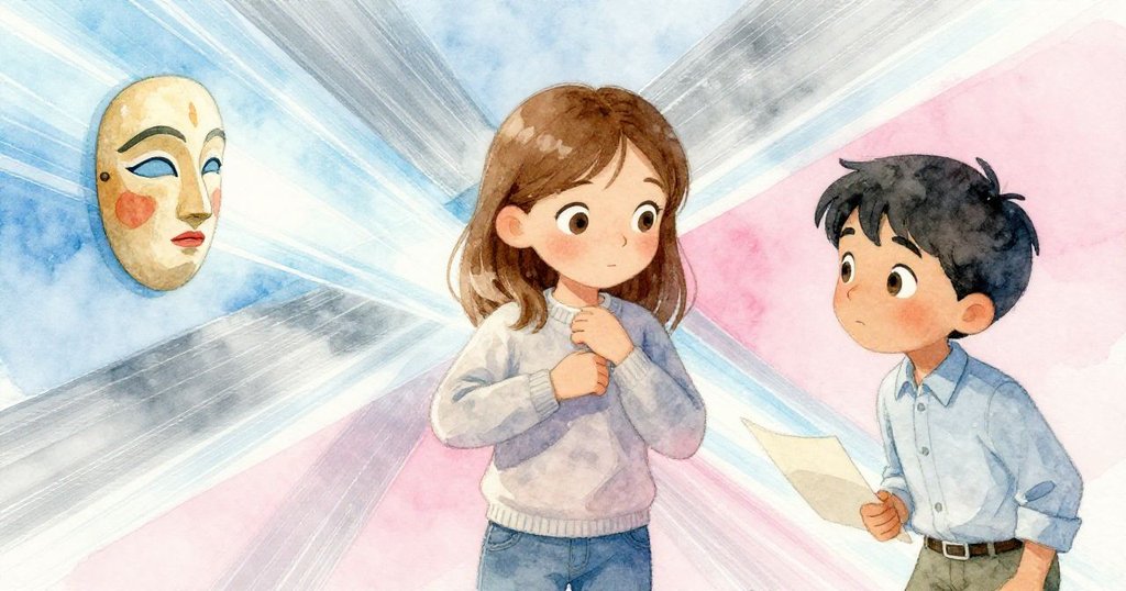 Dina因光線變化調整姿勢，Grant側身解說面具色彩，光束穿插展廳，兩人神情互動生動