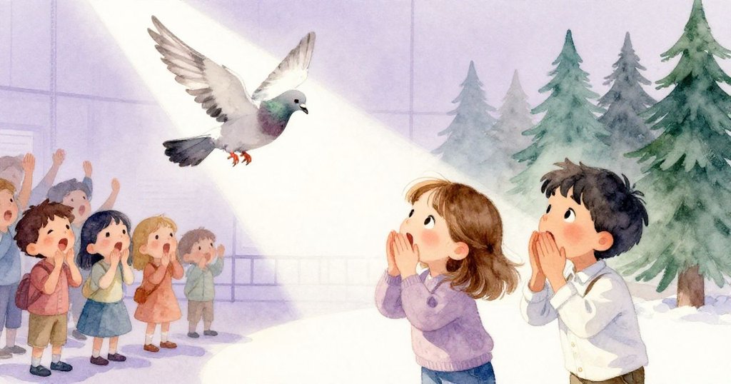 展廳中突然飛入一隻鴿子，翅影劃過明燈，孩子驚訝呼喊，Dina與Grant立即捕捉精彩瞬間