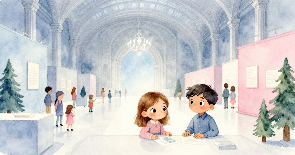 展廳內寬廣而寧靜，Dina和Grant於藝術間專注作業，遊客漫步其中，整體氛圍莊嚴而平和