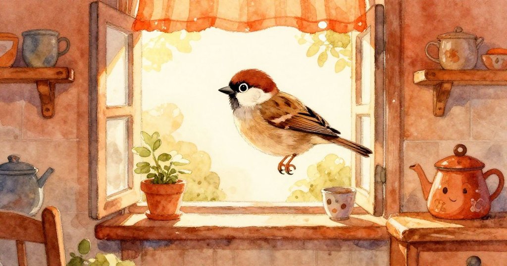 小麻雀輕巧飛入明亮瓷磚廚房,窗外晨光灑進溫暖室內,展現期待與平靜心情。