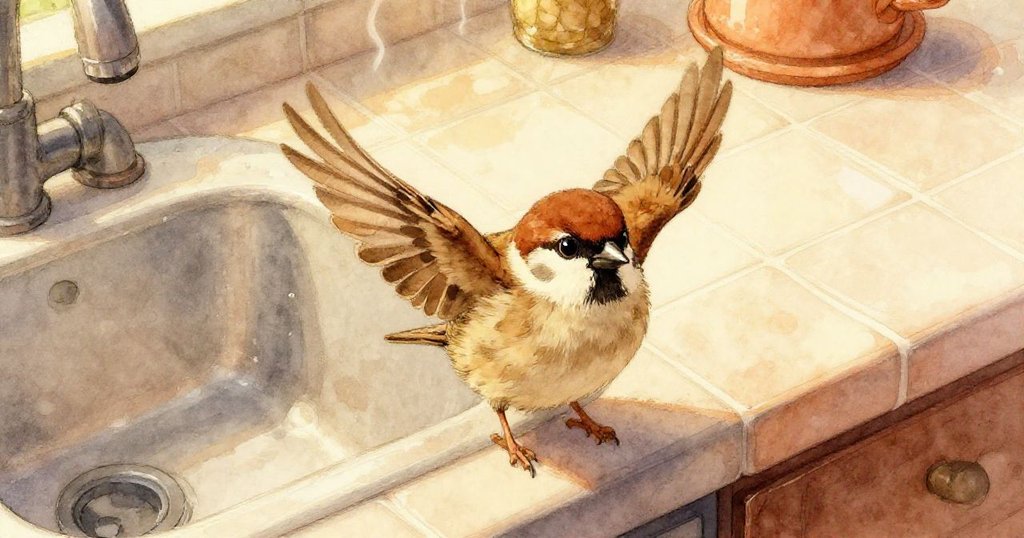 從高處俯瞰,小麻雀站於水槽邊緣張開翅膀,暖風輕托間透露出期待與柔美。