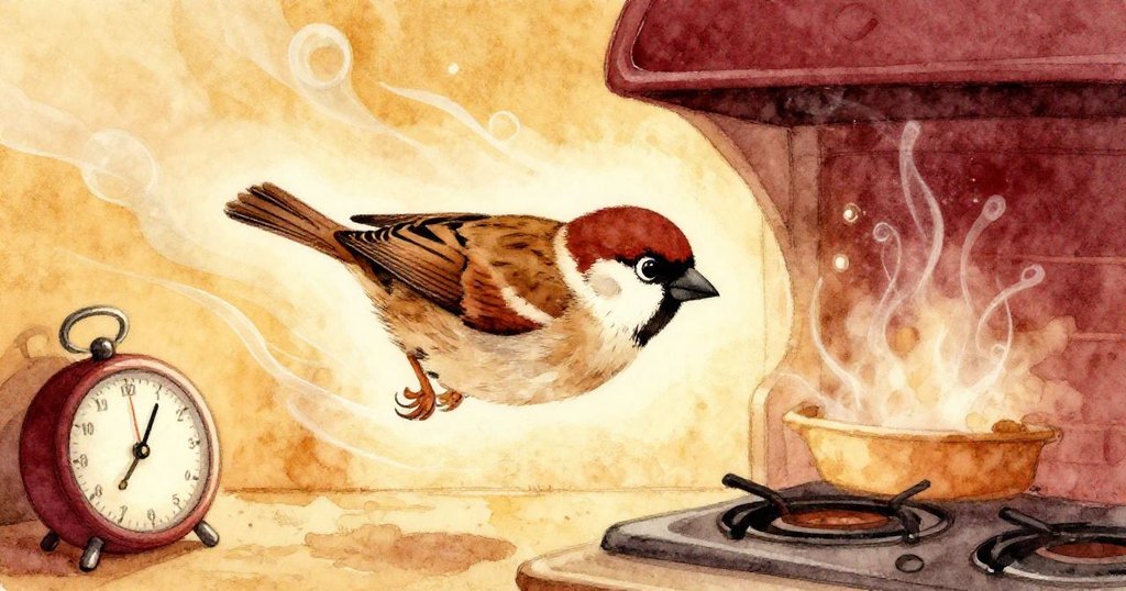 溫暖與涼爽空氣交替流動中,小麻雀隨著計時器滴答與烤箱低鳴輕盈漂浮,營造出動感和時間的流逝。