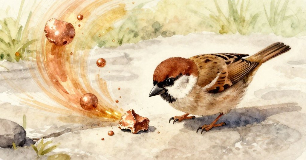 溫暖空氣驅使下,一片麵包屑從秤邊滑落至石面,小麻雀興奮啄食,畫面細膩呈現溫馨發現。