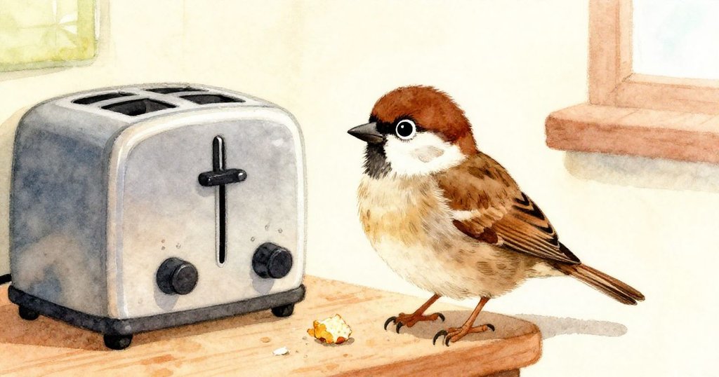 小麻雀啄食完麵包屑後停於靜謐烤麵包機旁,溫暖光線中帶著希望凝望前方,畫面充滿溫馨與期待。