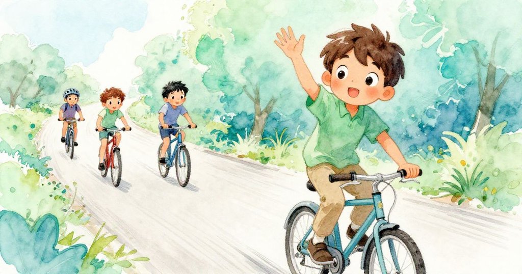 費利克斯舉手示意探索，背景中自行車快速穿梭，動靜結合傳遞出冒險與溫柔的情感。