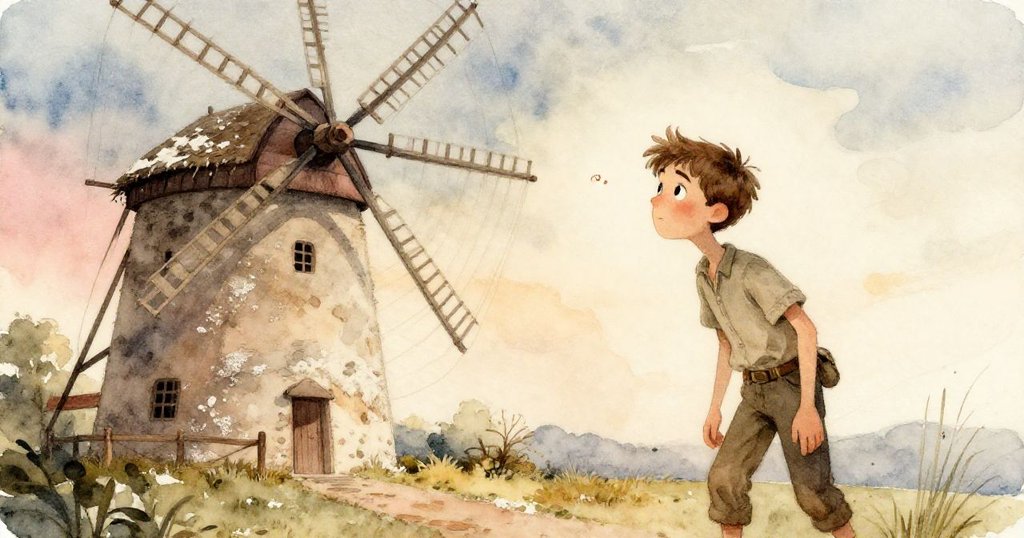 Reed 在暮色中走近古老磨坊，注意到南牆羊毛保溫材料中微弱銅光，神情好奇，環境溫暖寧靜。