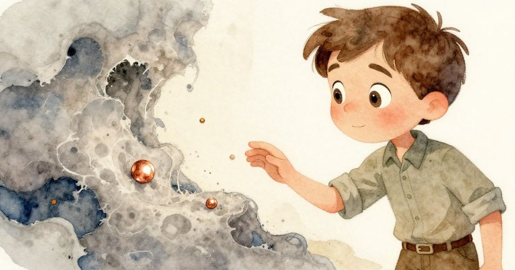 Reed 靠近羊毛保溫材料，凝視銅光細節，眼中閃爍著驚奇與決心，背景呈現溫暖的色調。