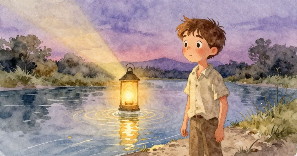 Reed 站在河邊注視河面，紫色天際與燈籠散發琥珀光芒將水霧變幻，情緒平靜沉思。