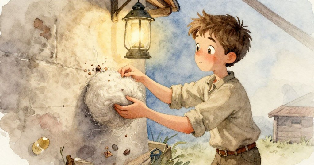 Reed 於室內輕輕取下羊毛，發現一顆略似小扁豆大小的破碎珠子，手法細膩，透露神秘氛圍。