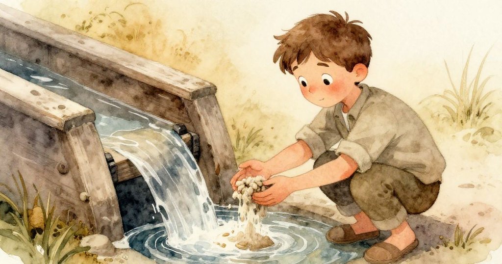 Reed 在槽中放下碎片，流水溶解黏土，裸露穀粒旋轉漂流，他神情安詳，感受自然循環。