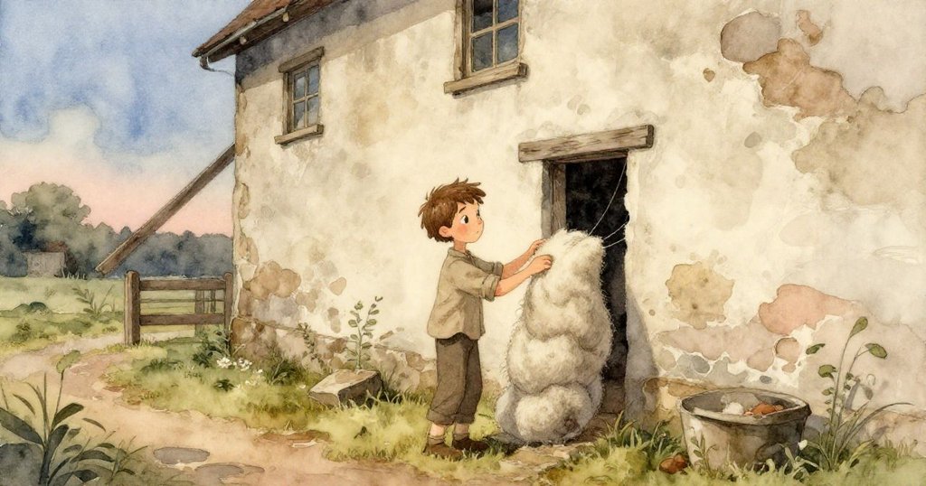 Reed 將羊毛放回牆縫，退後欣賞重現寧靜記憶的場景，背景呈現柔和暮光，神態溫和滿足。