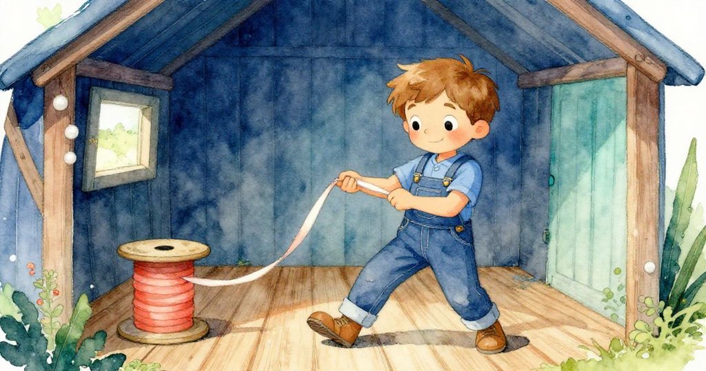 Troy在木地板上堅定地拉伸緞帶,鞋印清晰呈現動感,內心專注且充滿冒險精神,工棚內溫暖明亮。