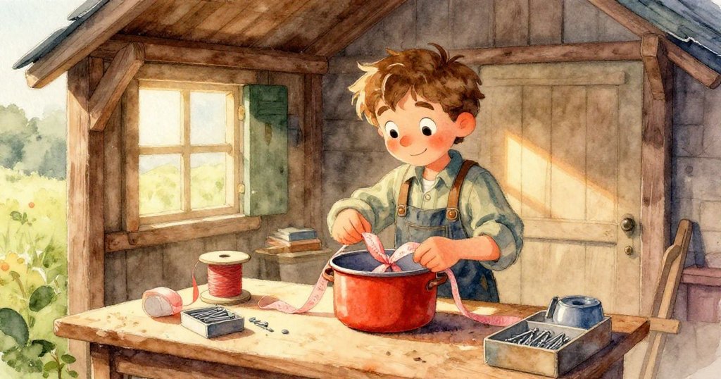 Troy驚見滾動的轉盤撞翻釘盒,銀色釘子如雨傾瀉於薄木板上,畫面採取傾斜視角展現動感與意外。