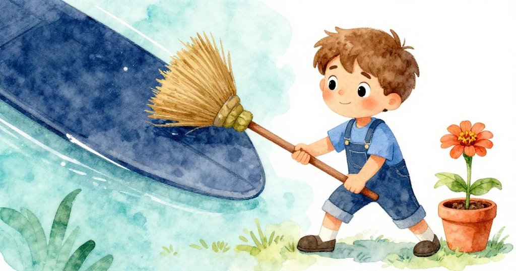 Troy迅速發現漂浮木板輕觸陶罐中橙色花朵,眉宇堅毅手持掃帚穩住局面,展現機智應變精神。