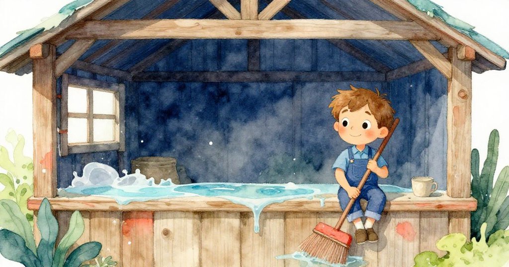 Troy在安靜工棚中放鬆休憩,手持掃帚微笑望著水池與木障,心情平和,場面逐漸恢復穩定。