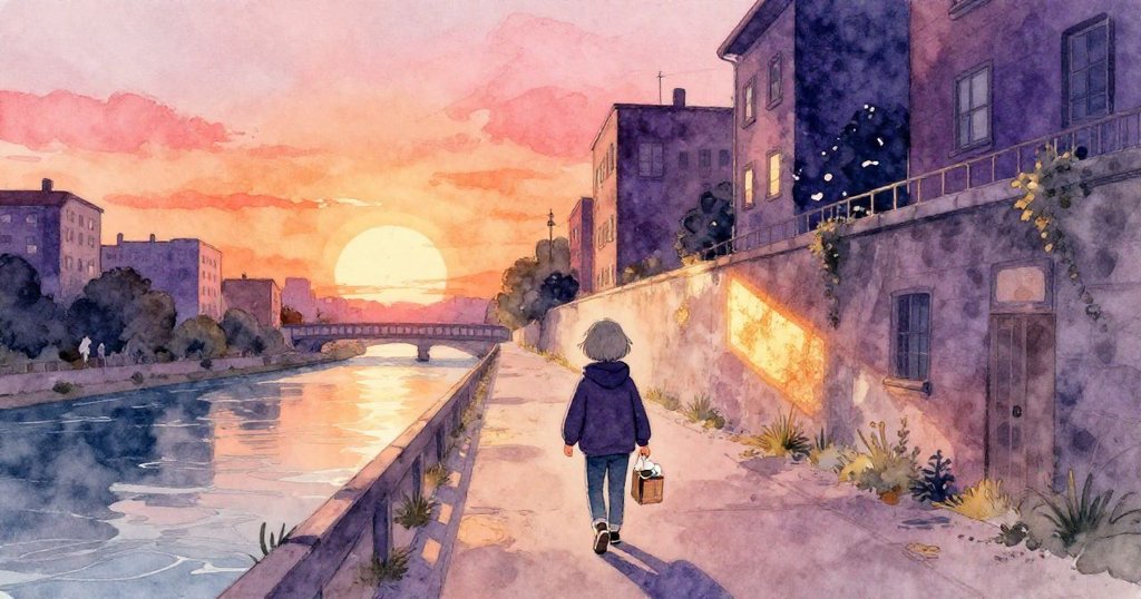 灰髮的Grey攜帶沉重粉筆箱走向河畔彩繪地下通道，環境明亮溫暖，展現堅定與期待的旅程。