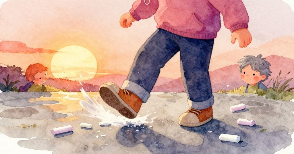 灰髮的Grey腳步在薄水膜上打滑，鞋子動作失衡，散落粉筆映出微光與緊張情緒。