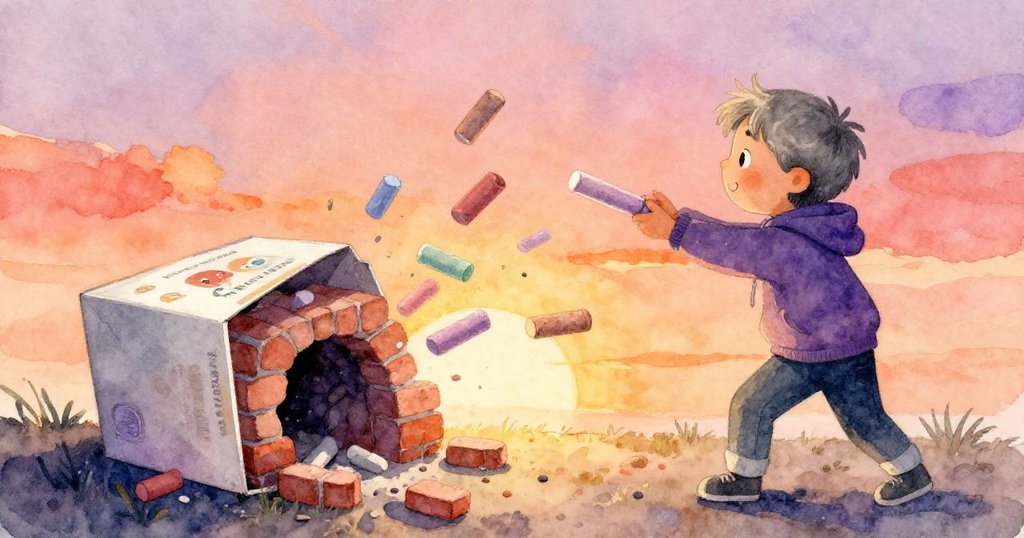 灰髮的Grey旁發生變故，粉筆四散飛舞，一根粉筆擊中磚塊，露出隱藏小洞，畫面充滿動感和驚喜。