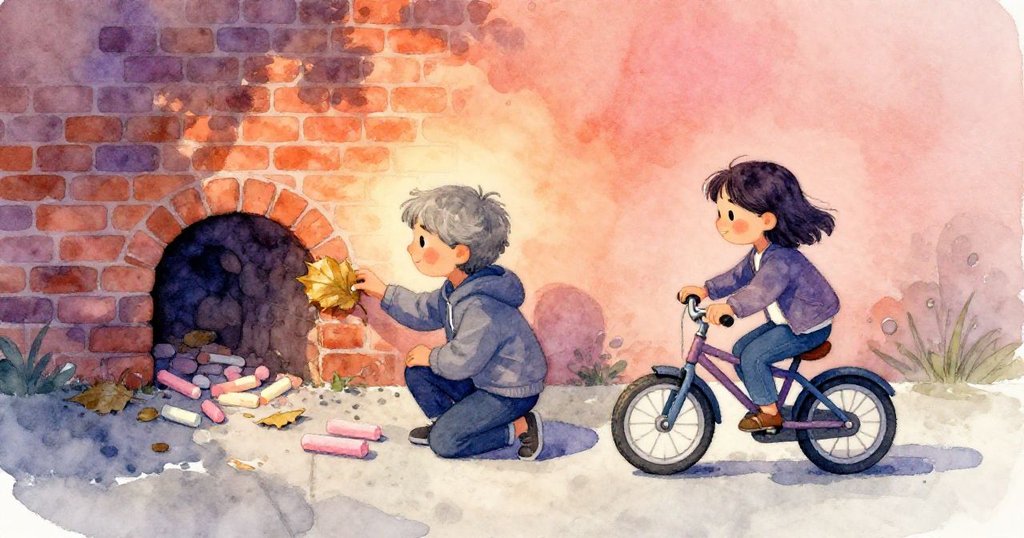 Grey與Luna在涼爽混凝土上合作撿拾粉筆，Luna蹲下取出隱藏洞內濕葉，展現彼此默契與好奇心。