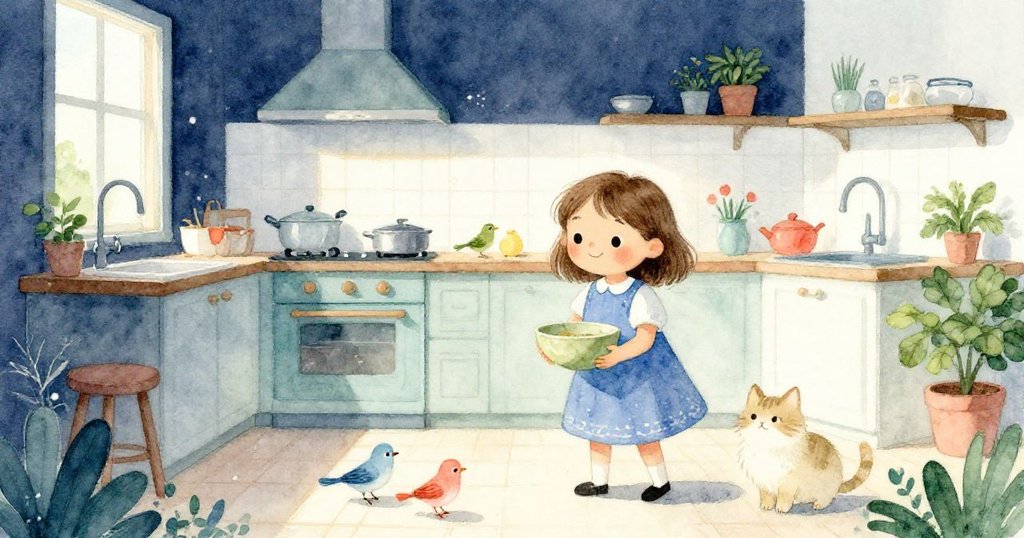 Tara在溫暖的廚房中，與小鳥和毛茸貓咪環繞，手持圓碗準備開始澆水，滿臉期待與喜悅。
