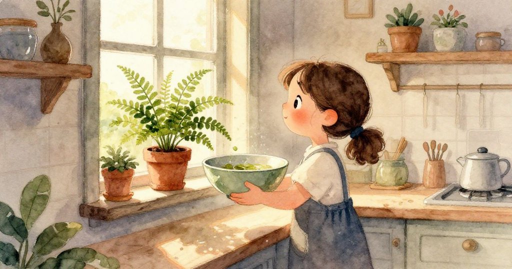 Tara正專注地用手從玻璃水壺倒水進新養的蕨盆中，細緻動作展現溫柔與關愛。