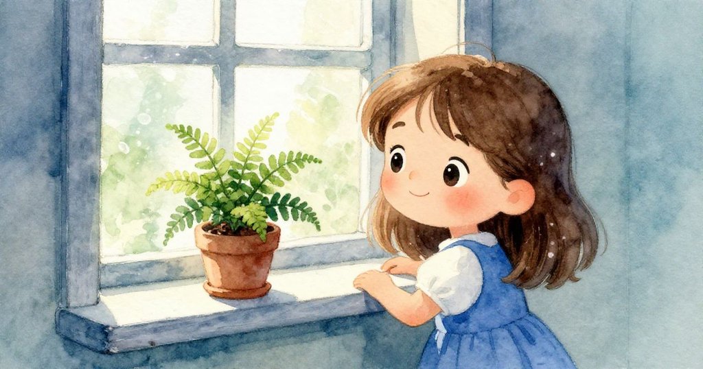 Tara站在窗邊，柔和晨光灑進廚房，她注視著窗上小盆栽與閃亮玻璃，滿懷溫馨與期待。