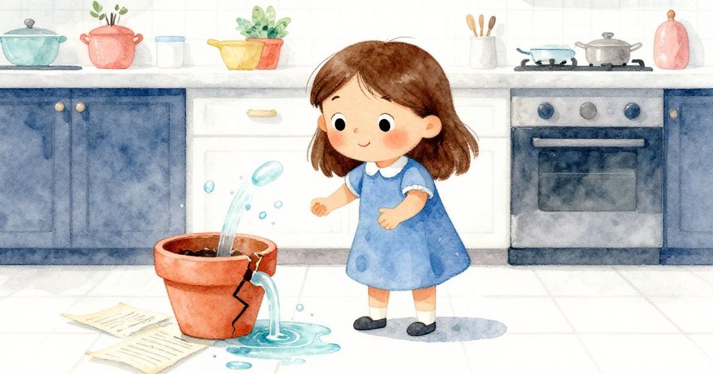 Tara在廚房裡發現花盆裂縫漏水，水流蔓延至舊紙上，她急忙走動處理，臉上帶著驚訝與擔憂。